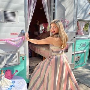 Colette CL19836 Pink Stripe Strapless Gown SZ 6